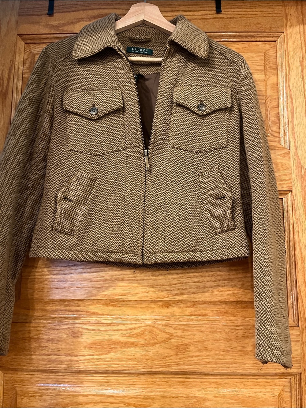 Ralph Lauren Brown Tweed Zip-Front Blazer Jacket